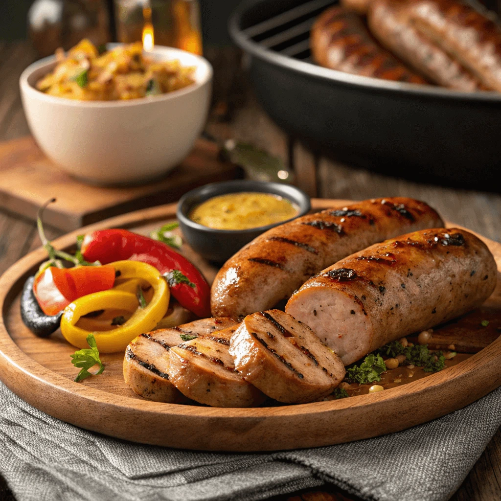 Grilling chicken Andouille sausages