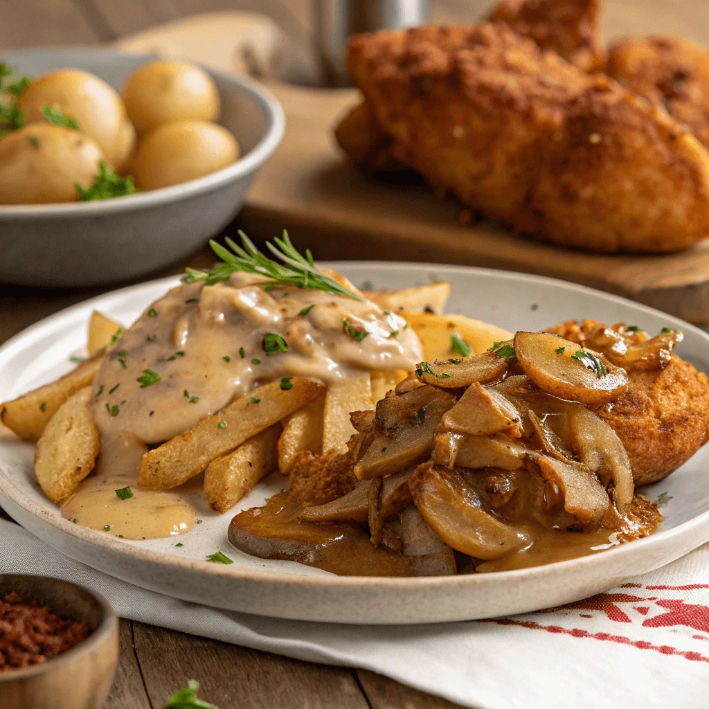 Smothered potatoes served with crispy fried chicken for a flavorful meal