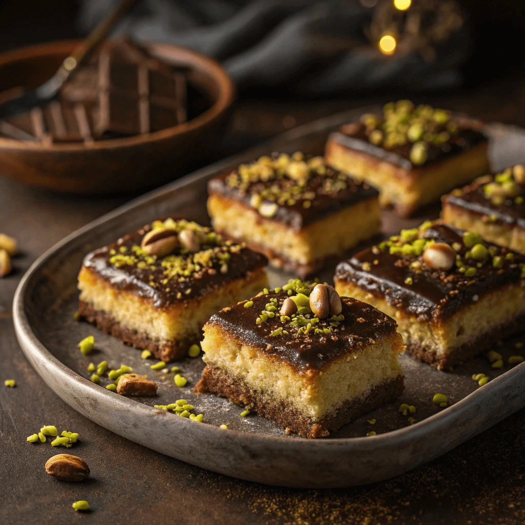 A plate of Knafeh Chocolate Bars garnished with crushed pistachios and chocolate drizzle