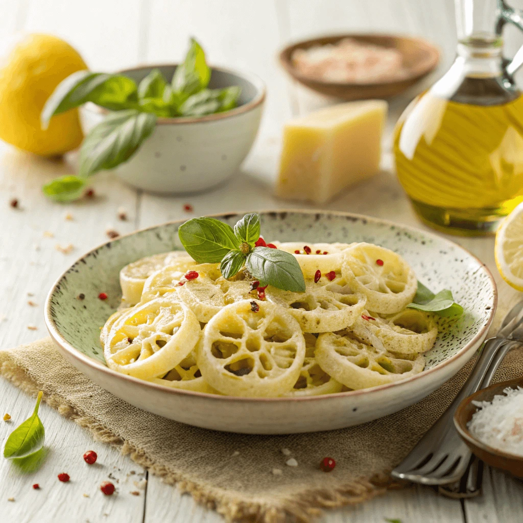 Lemon garlic wagon wheel pasta with basil.