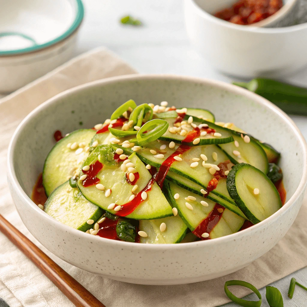 Bowl of spicy cucumber salad made in 10 minutes with chili oil, soy sauce, and fresh cucumbers.