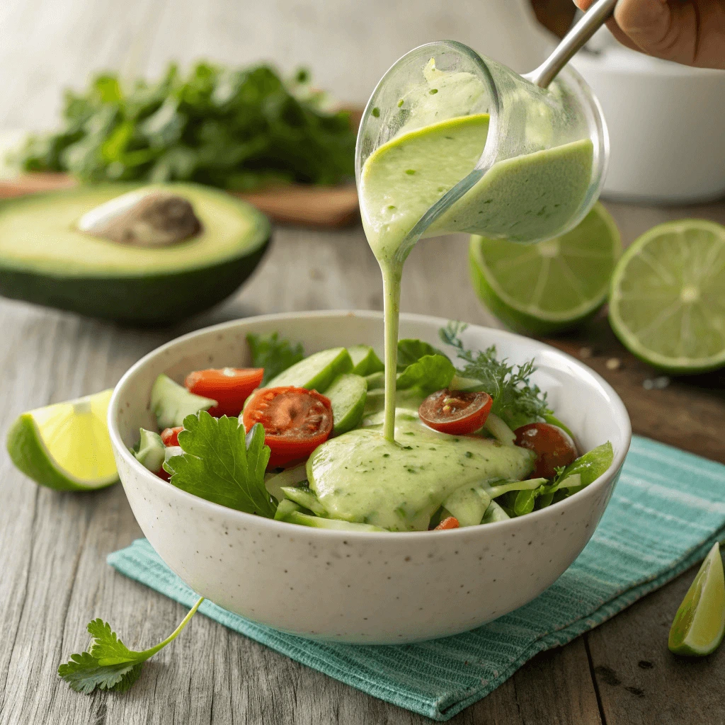 A spoon drizzling avocado lime ranch dressing over a crisp salad.