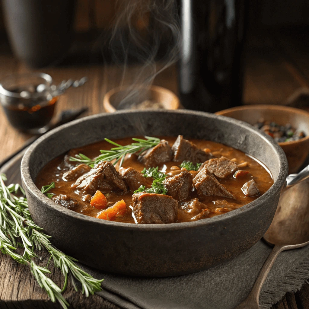 Close-up of lamb and liver stew, a rich soup for carnivores.