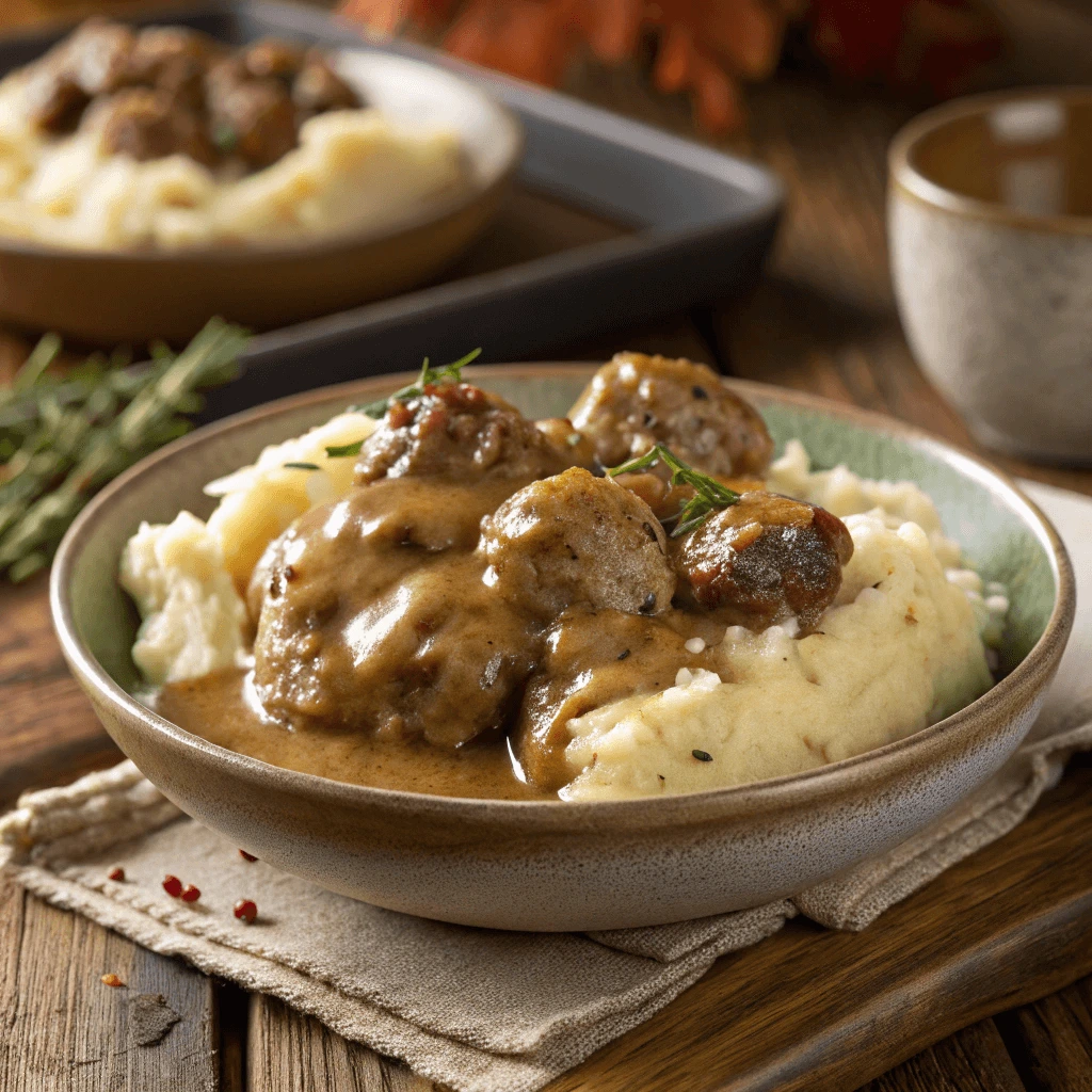  A close-up of sausage turkey fat gravy being poured over mashed potatoes.