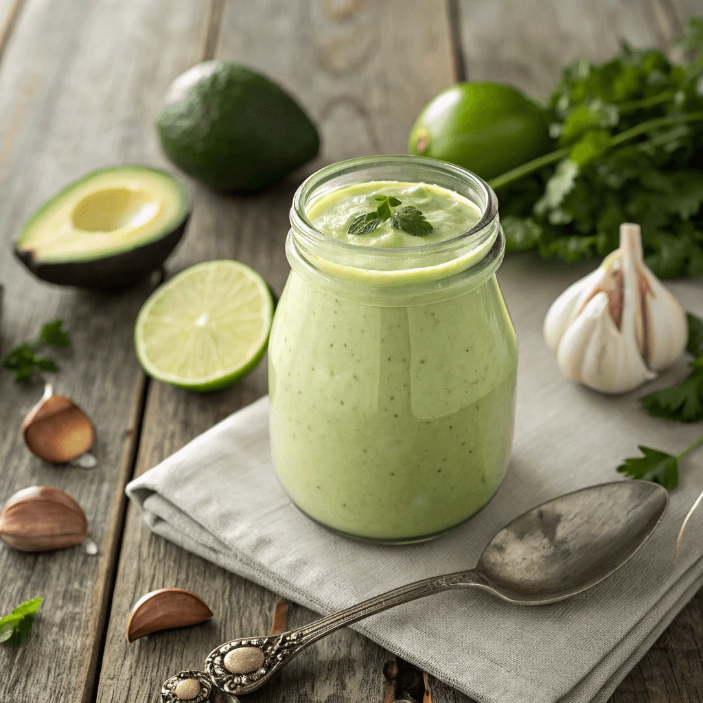 Freshly made avocado lime ranch dressing with ingredients like avocado