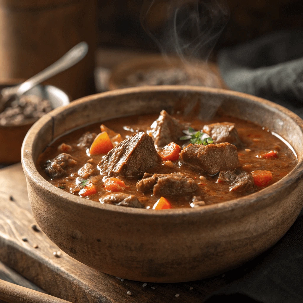 A bowl of rich lamb and liver stew for a nutrient-dense carnivore meal.