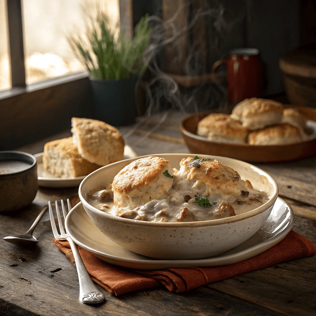 A bowl of creamy sausage turkey fat gravy served over biscuit