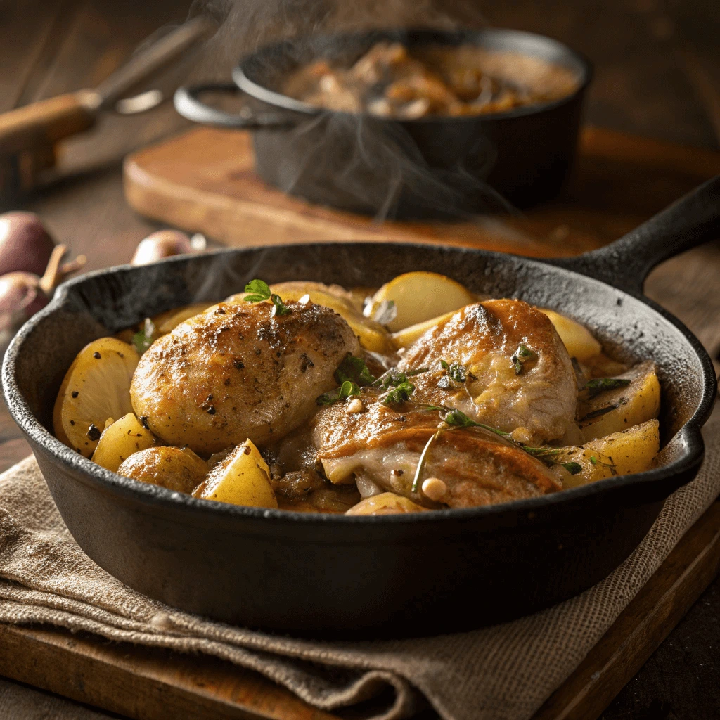 Plate of smothered potatoes with tender chicken pieces and vegetables.