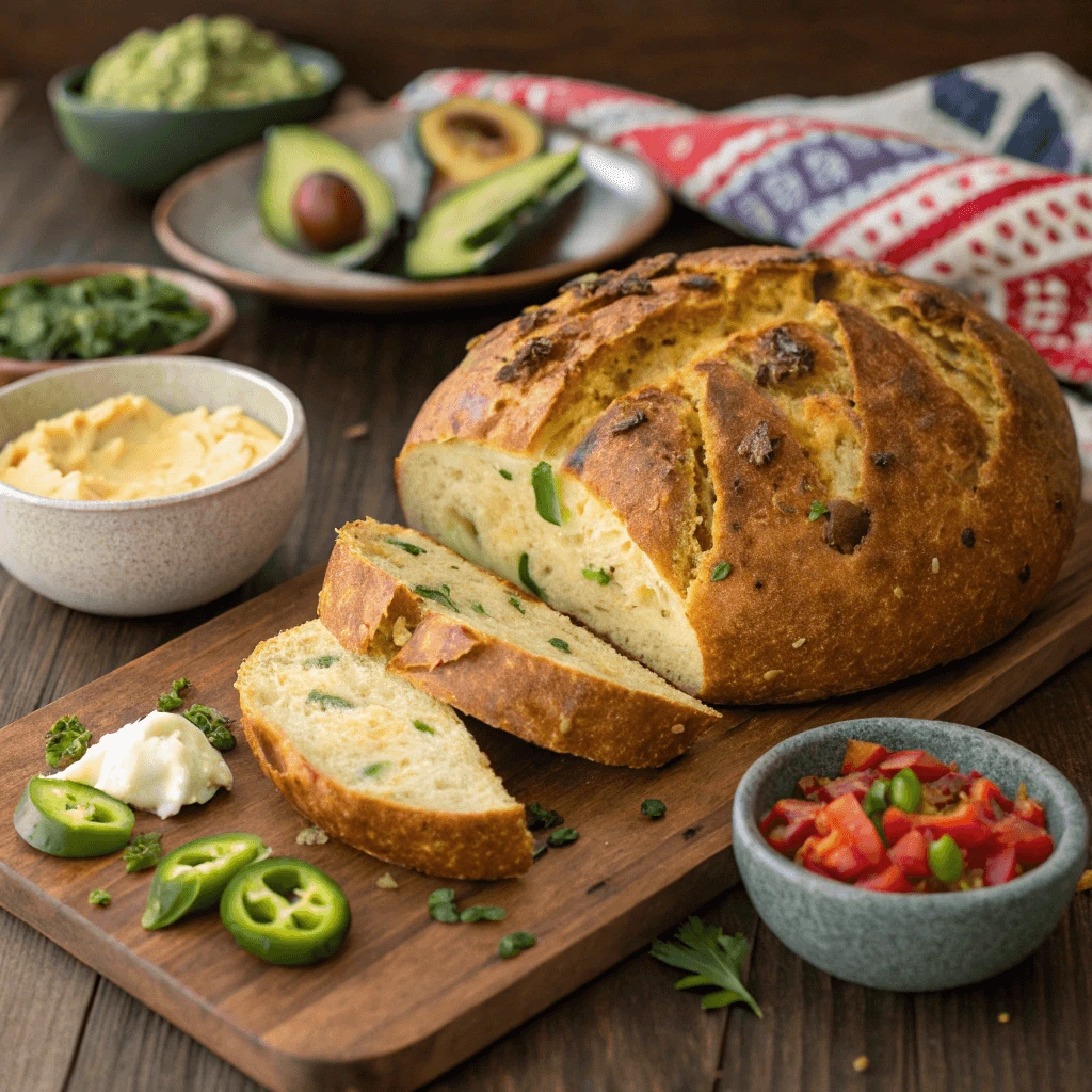 Freshly baked vegan jalapeno cheese artisan bread served on a rustic wooden board