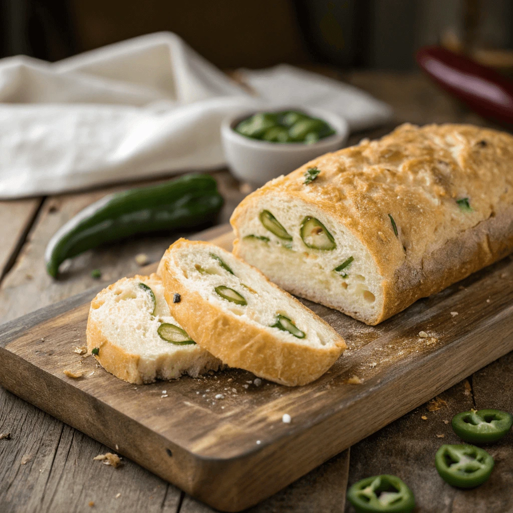  Vegan jalapeno cheese artisan bread on a wooden cutting board