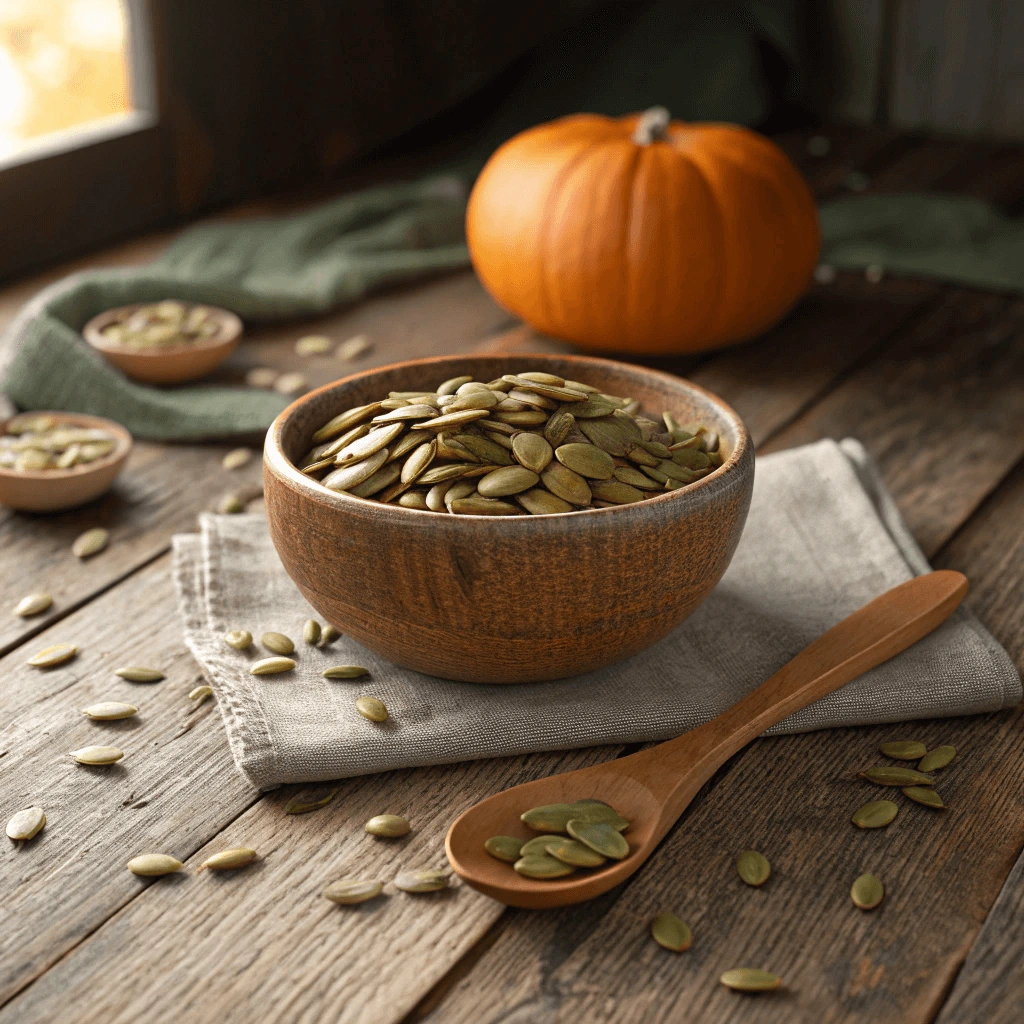 A bowl filled with raw pumpkin seeds and a wooden spoon on a rustic table.