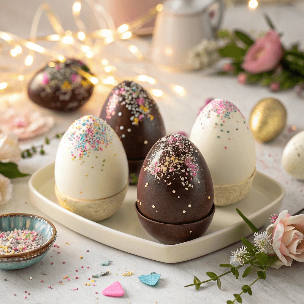 DIY chocolate eggs decorated with edible glitter and sprinkles