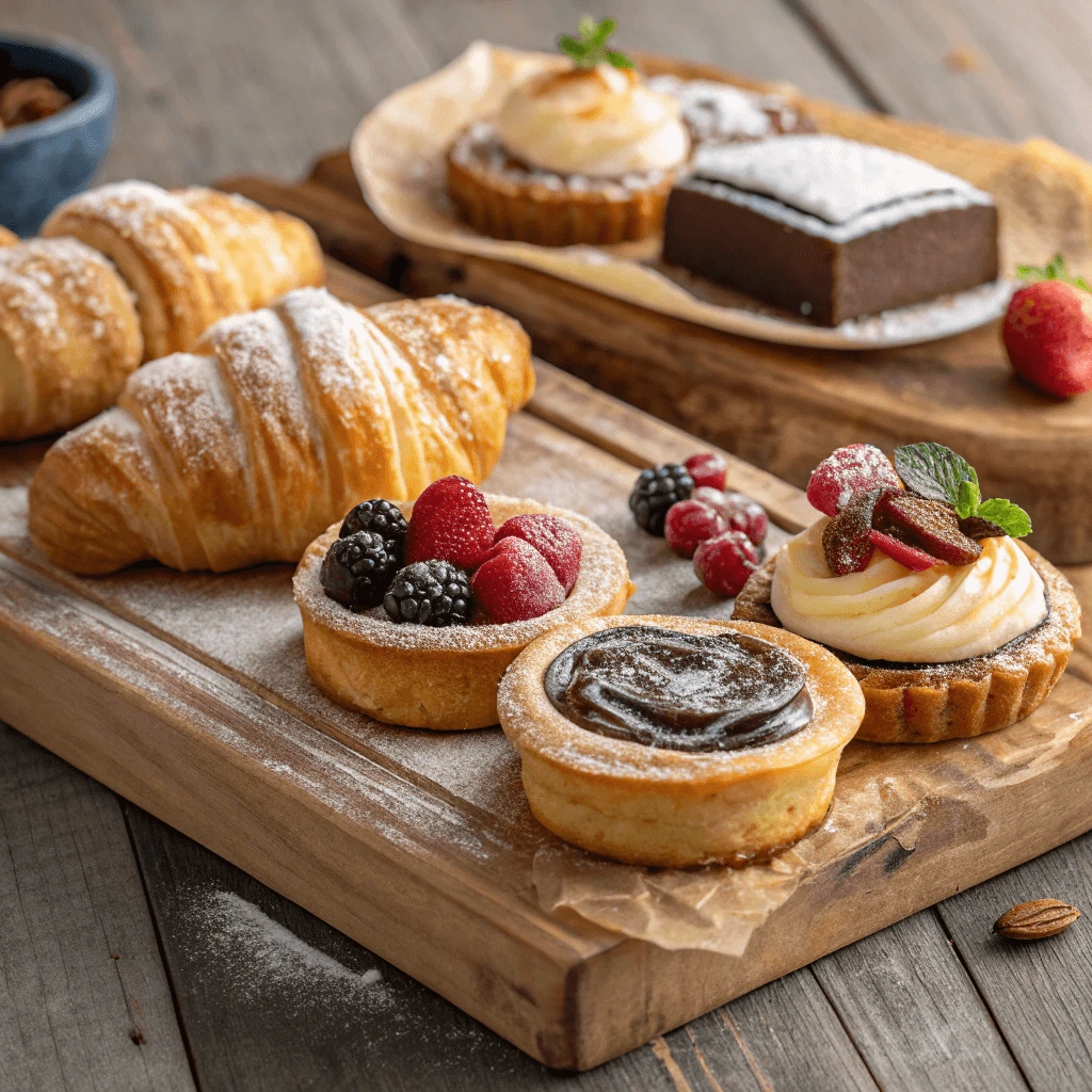  Glazed and decorated homemade breakfast pastries with fruit filling.