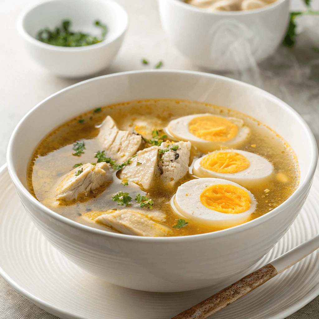  Simple carnivore soup with chicken and egg yolks, served in a white bowl.