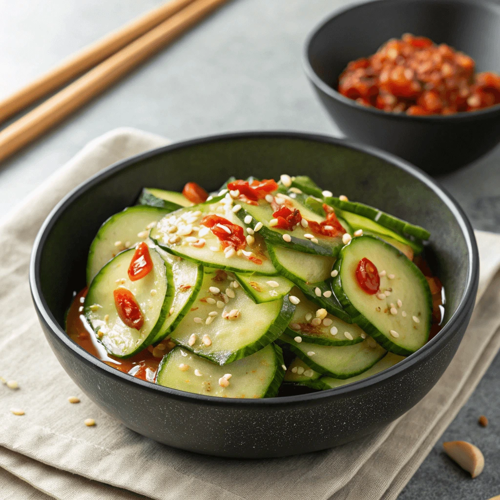 Spicy Din Tai Fung Cucumber Salad served in a bowl with chili oil drizzle.