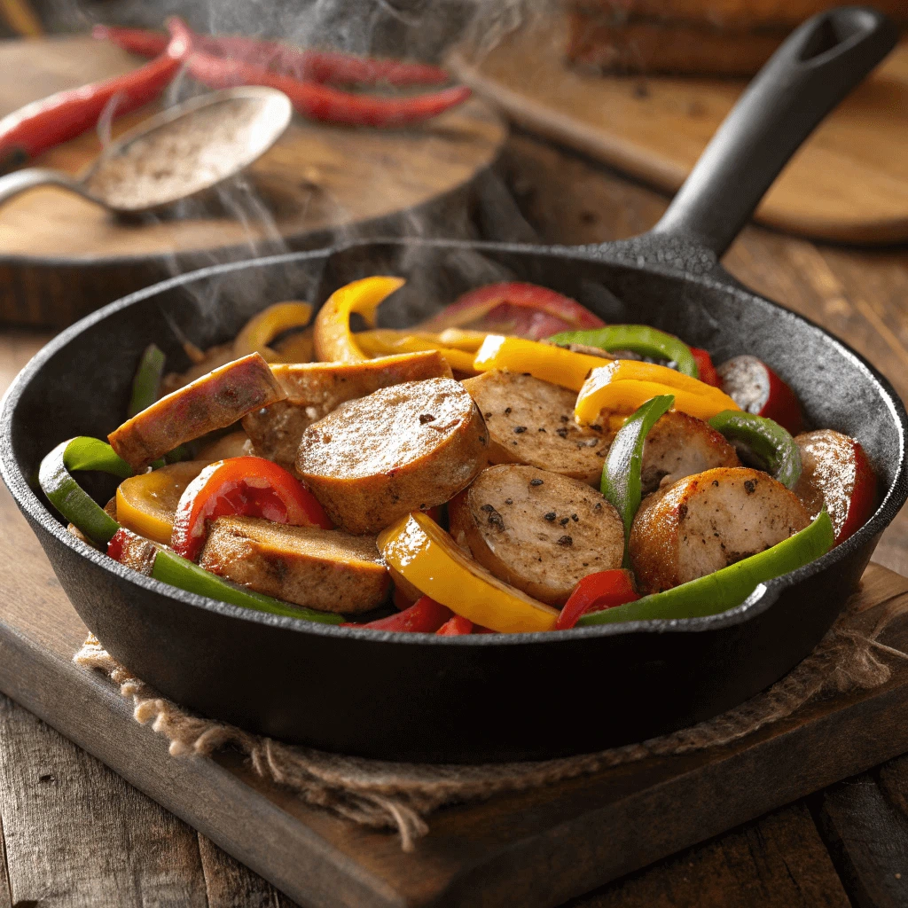 A skillet cooking Chicken Andouille Sausage and peppers