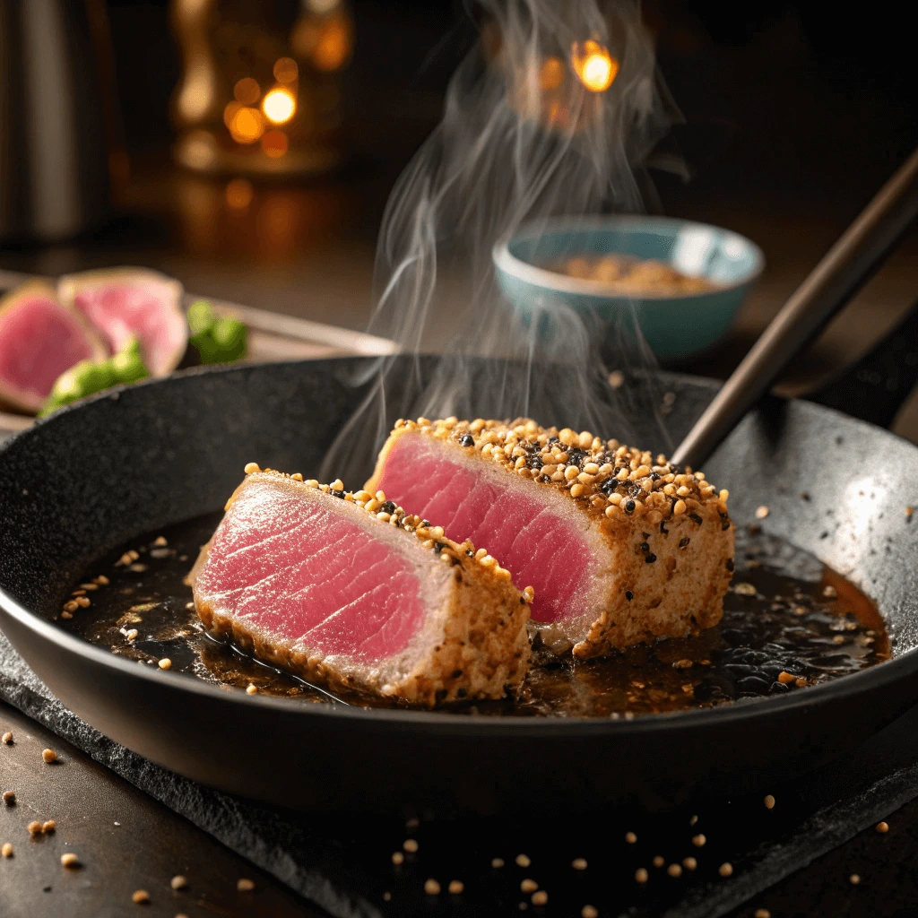 Ahi tuna being seared in a hot pan for a crispy outer layer