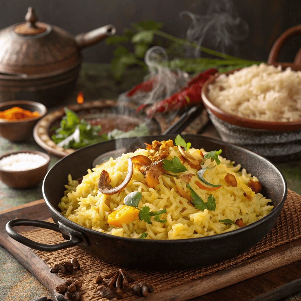  Anjappar-style egg fried rice being cooked in a pan