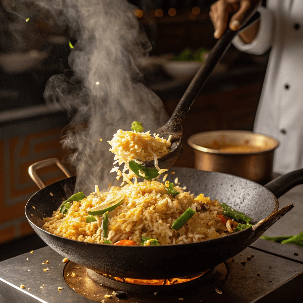 Cooking Anjappar Egg Fried Rice in a wok on high heat