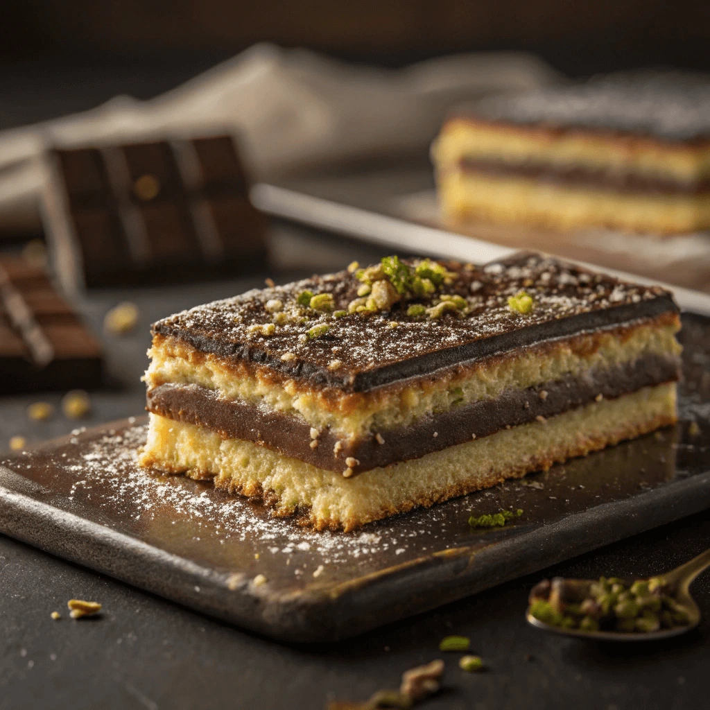 Sliced Knafeh chocolate bar showing the layers of semolina and chocolate filling.