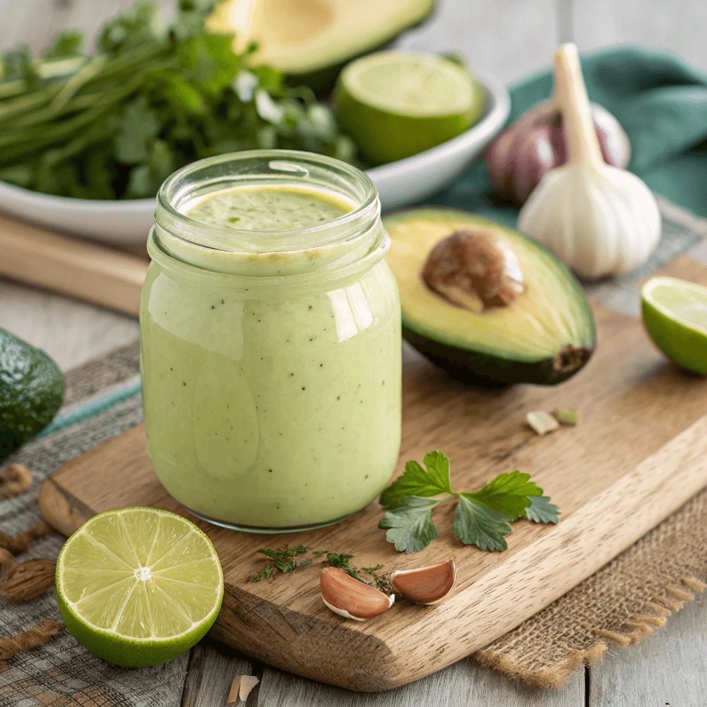 Smooth and vibrant green avocado lime ranch dressing in a glass jar.