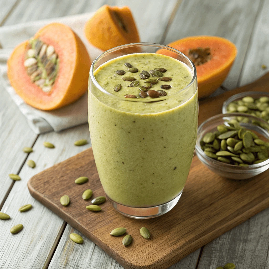 A blender with smoothie ingredients, including raw pumpkin seeds