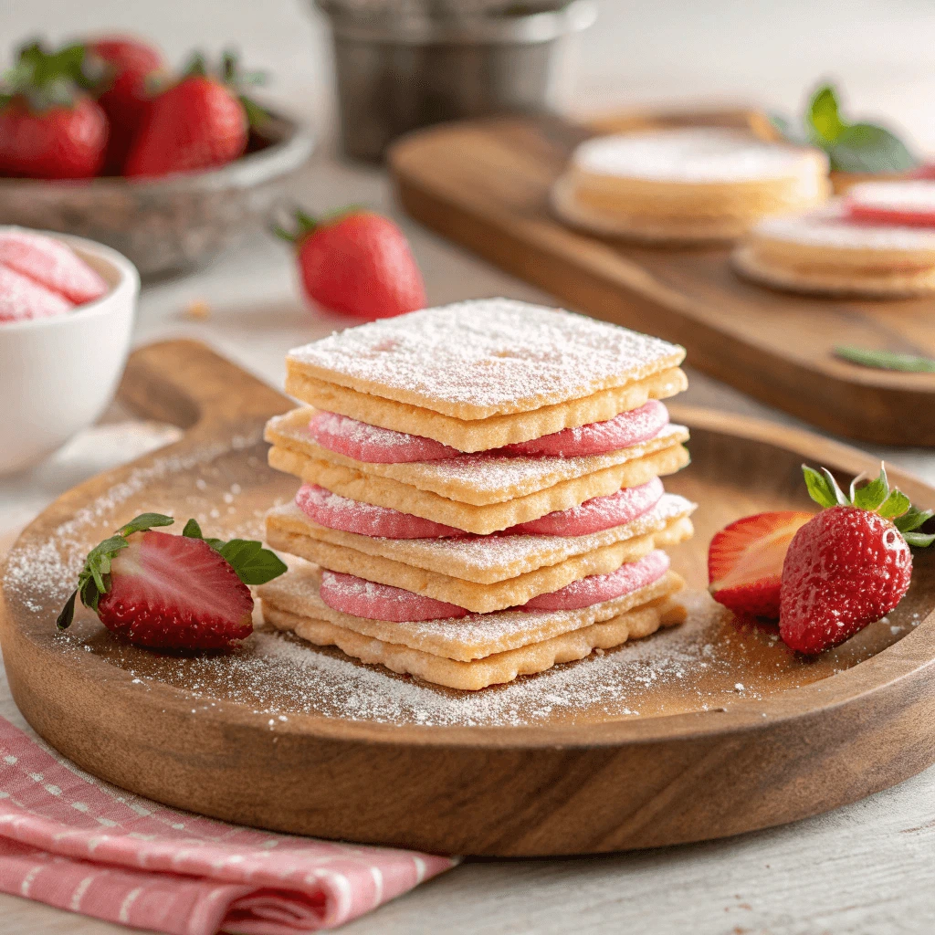 Homemade strawberry wafers fresh out of the oven, golden and crisp.