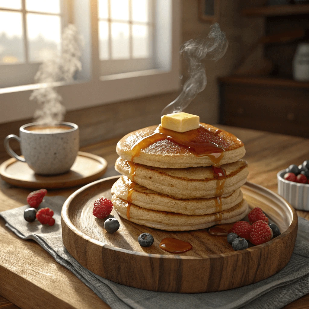  Stack of fluffy CMS pancakes served with syrup and butter