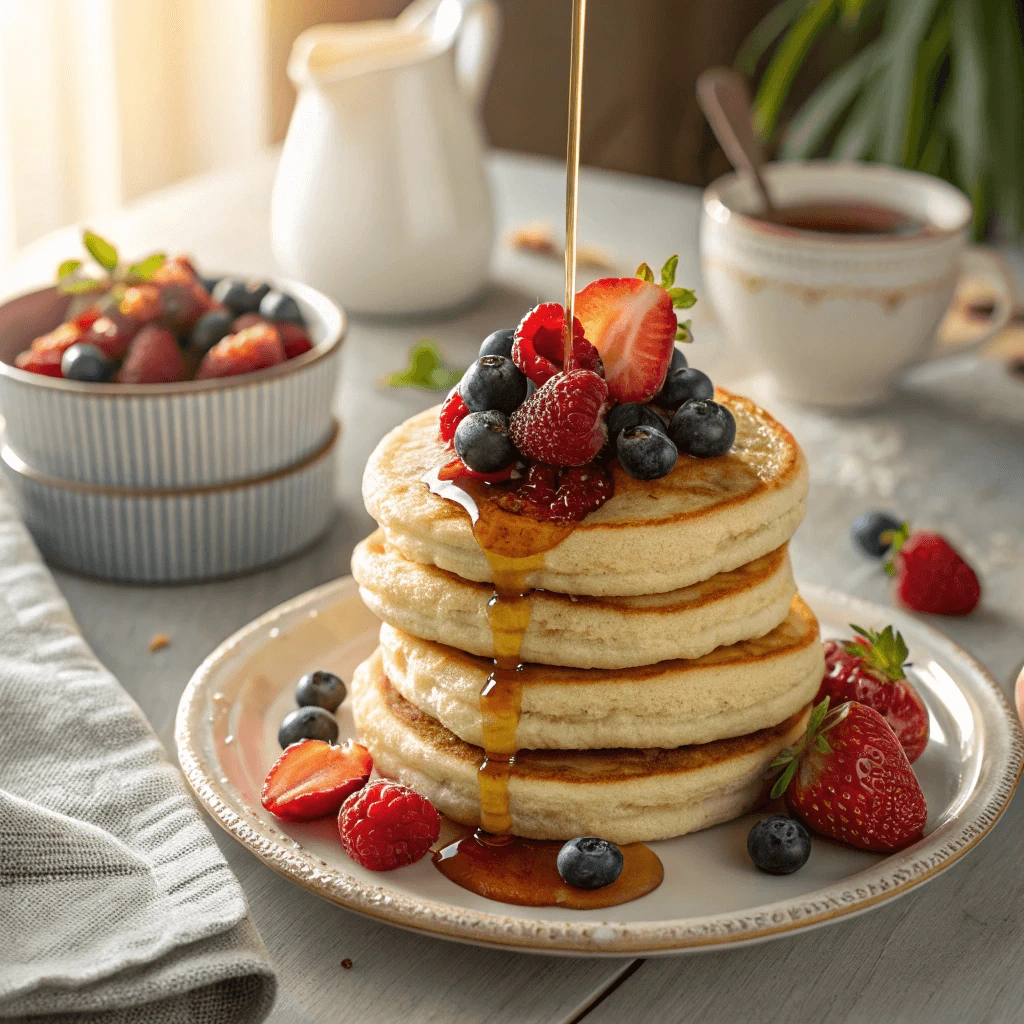 Fluffy CMS Pancake Breakfast Recipe with fresh berries and syrup