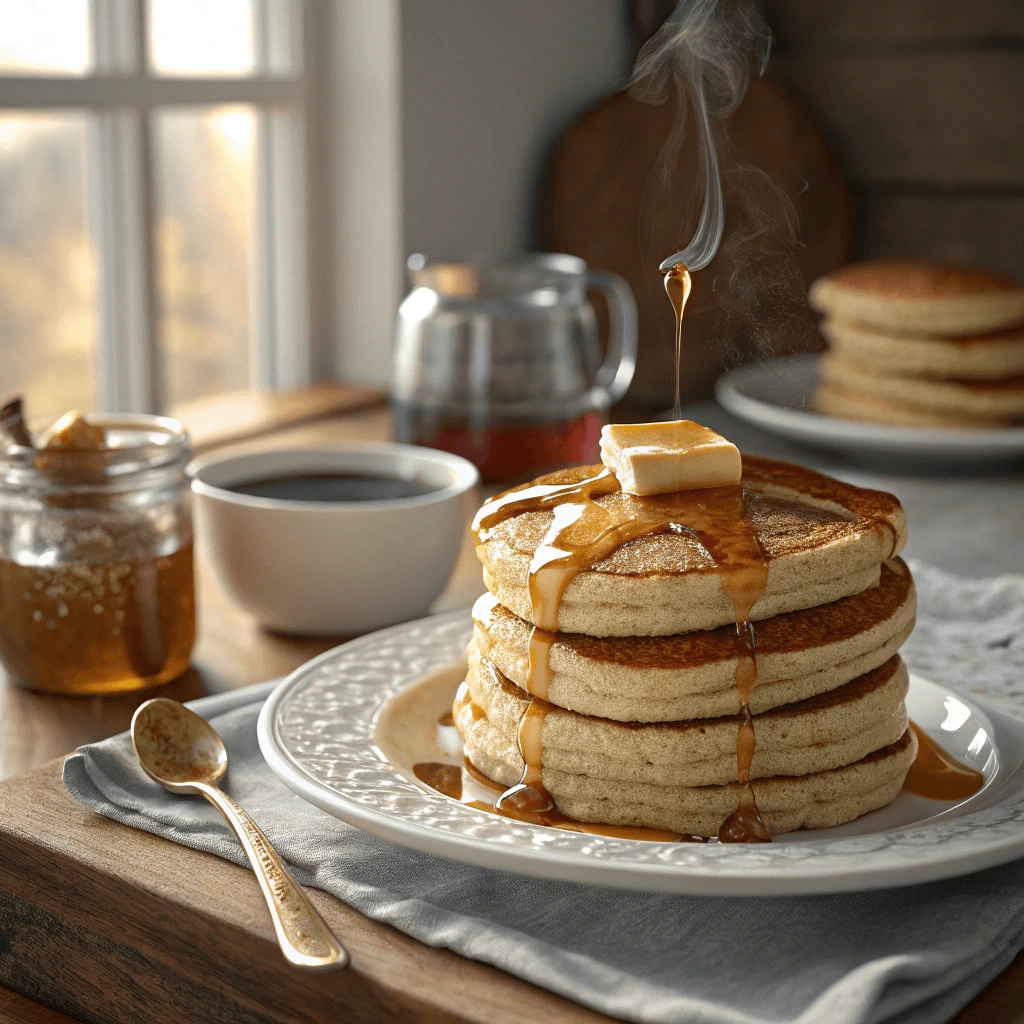 Fluffy CMS pancakes stacked with syrup