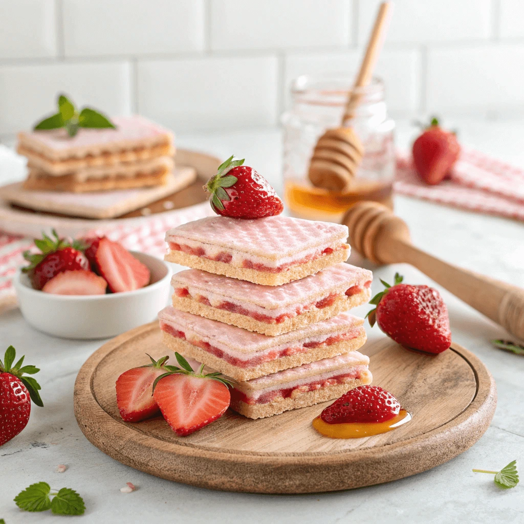 Hand holding a plate of strawberry wafers with natural ingredients