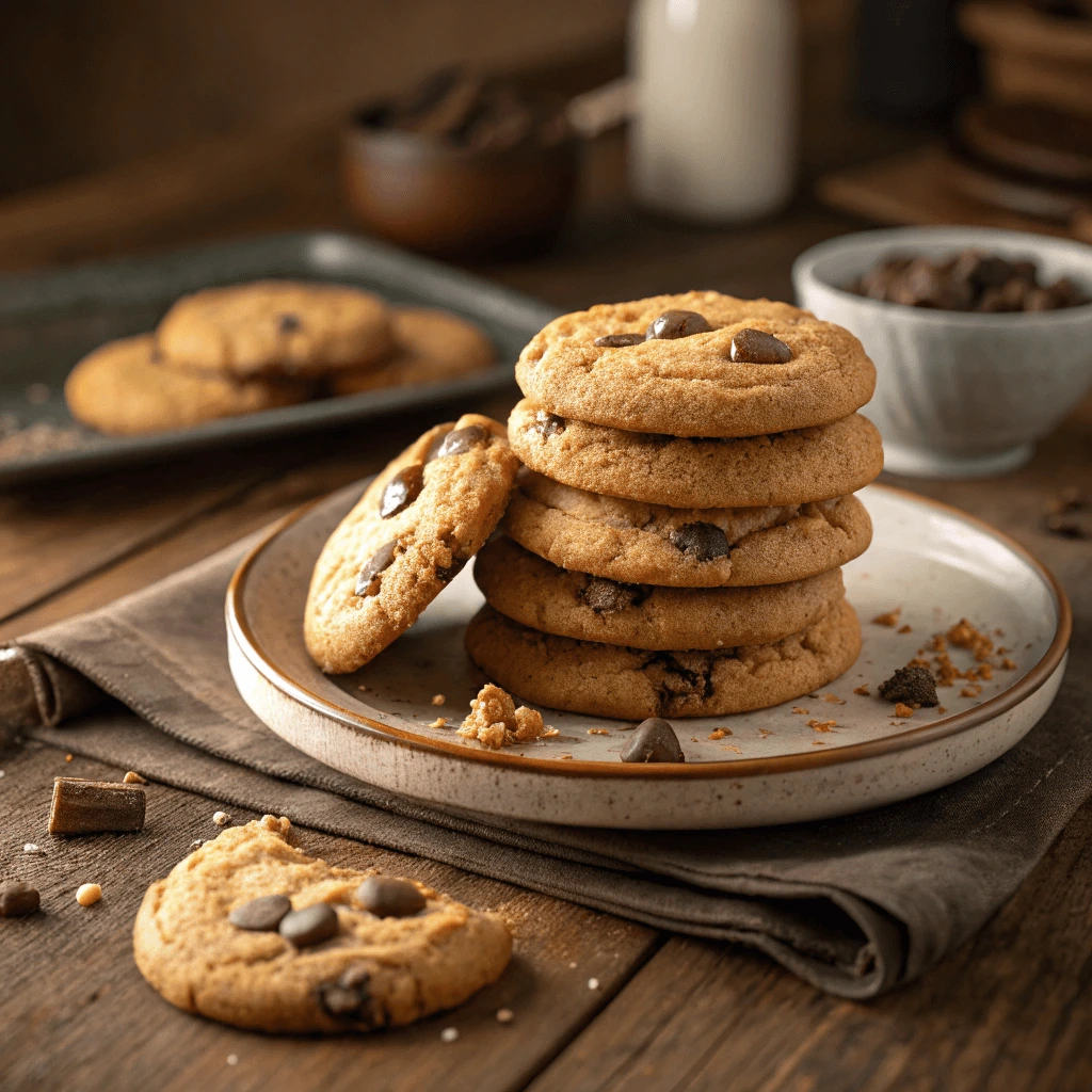 A stack of soft and chewy gluten-free cookies on a plate.