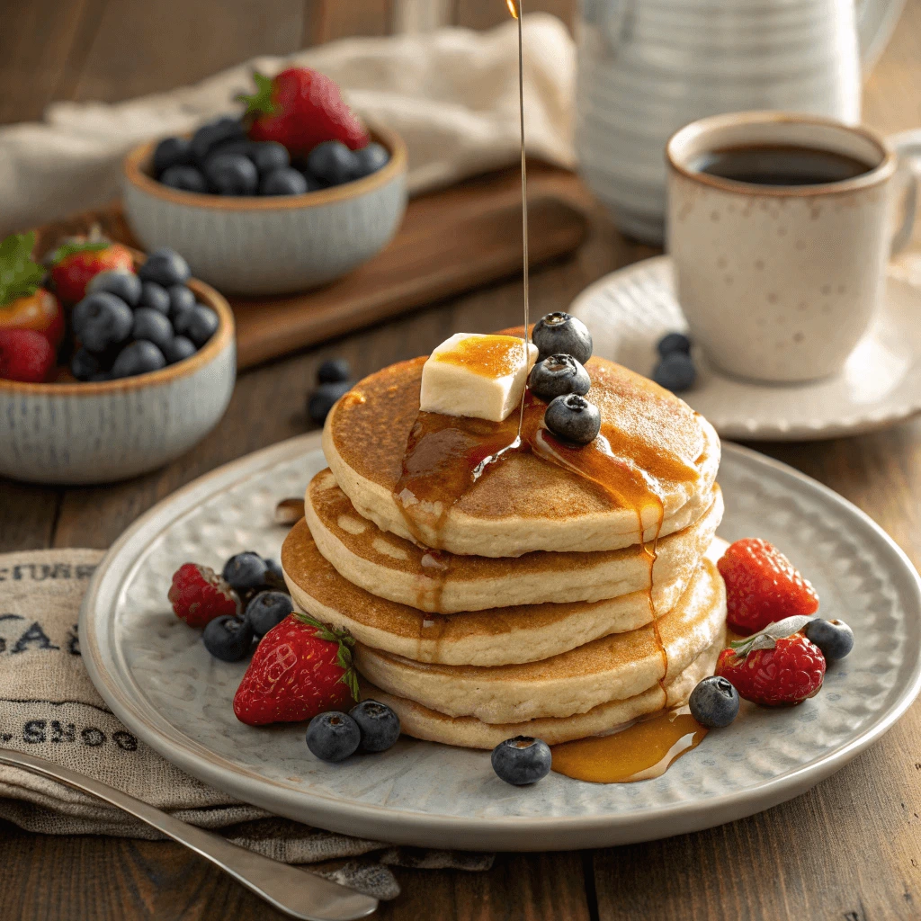 A plate of fluffy gluten-free pancakes with syrup