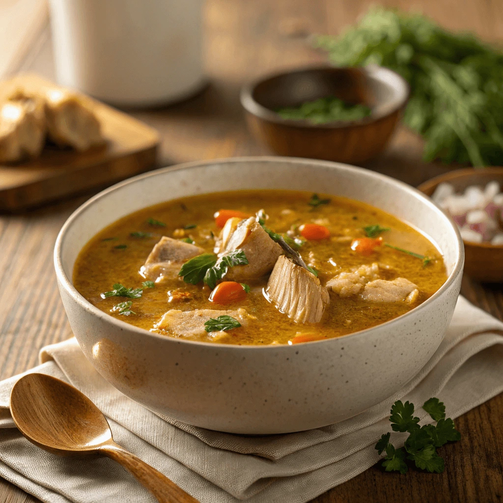 Carnivore diet soup with chunks of chicken, and rich broth