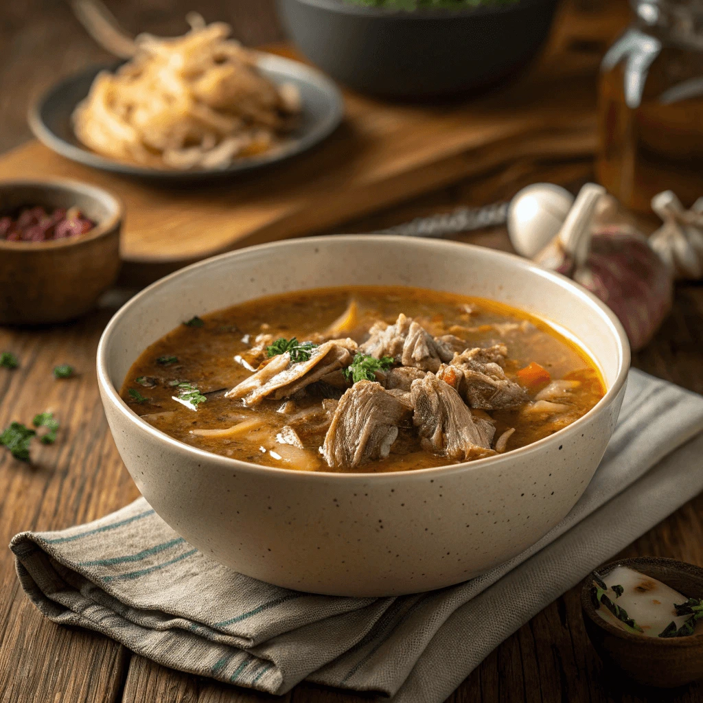 Comforting carnivore soup with various meats and a rich, flavorful broth