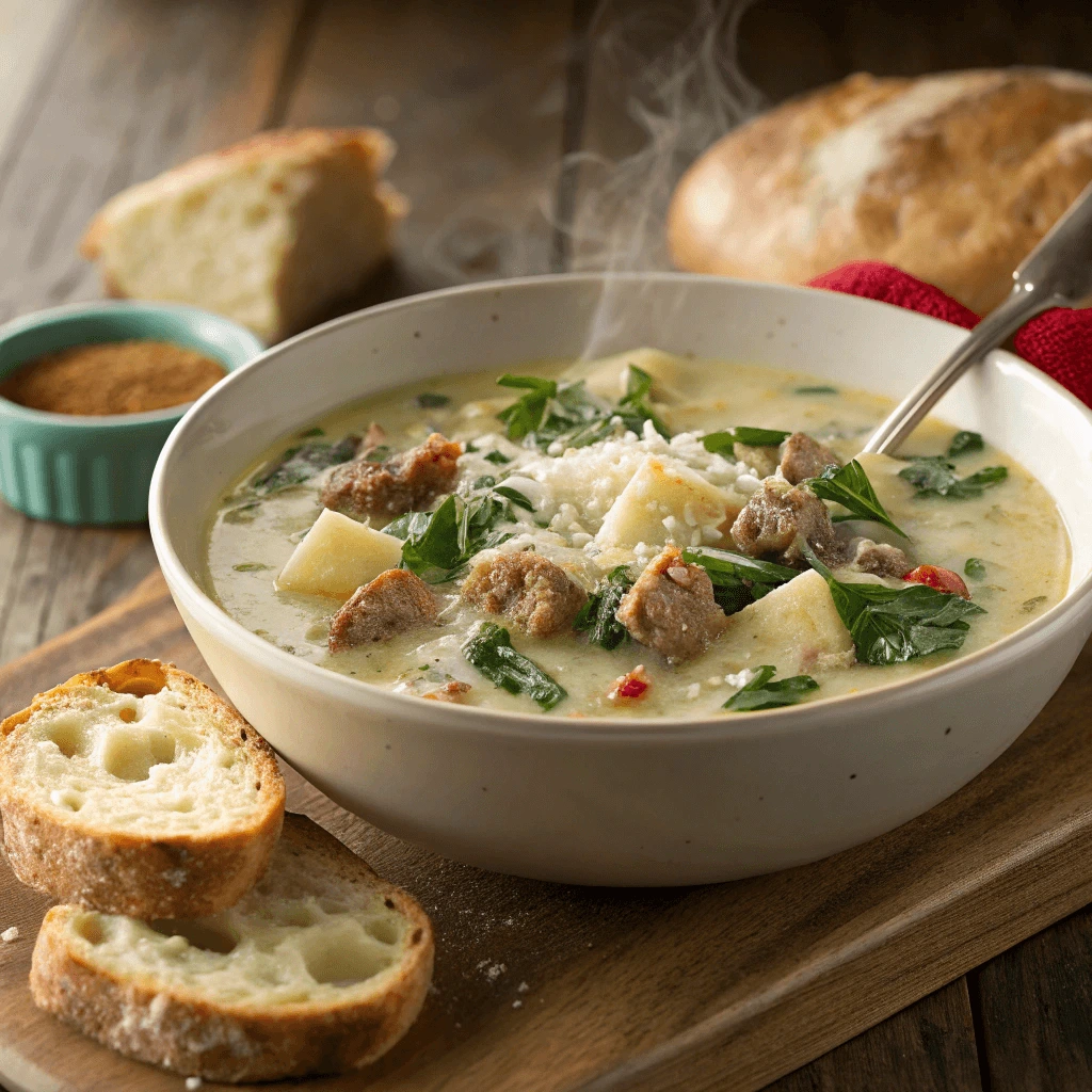 A steaming bowl of creamy Parmesan Italian sausage soup with vibrant herbs