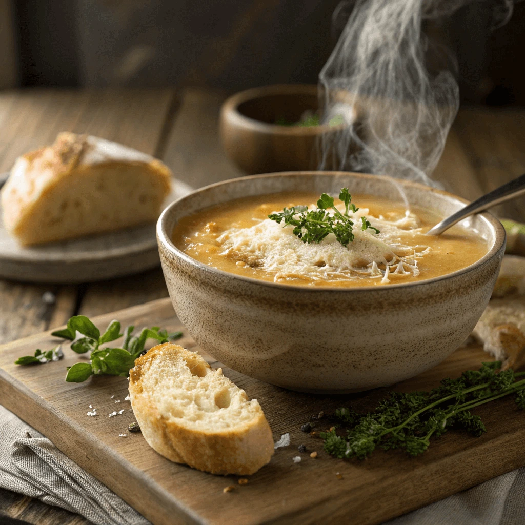 Creamy Parmesan Italian Sausage Soup served with crusty bread