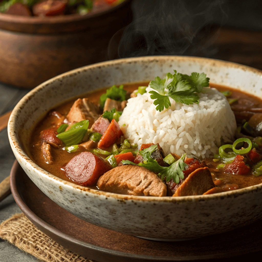 Chicken Andouille Sausage in a steaming bowl of gumbo.