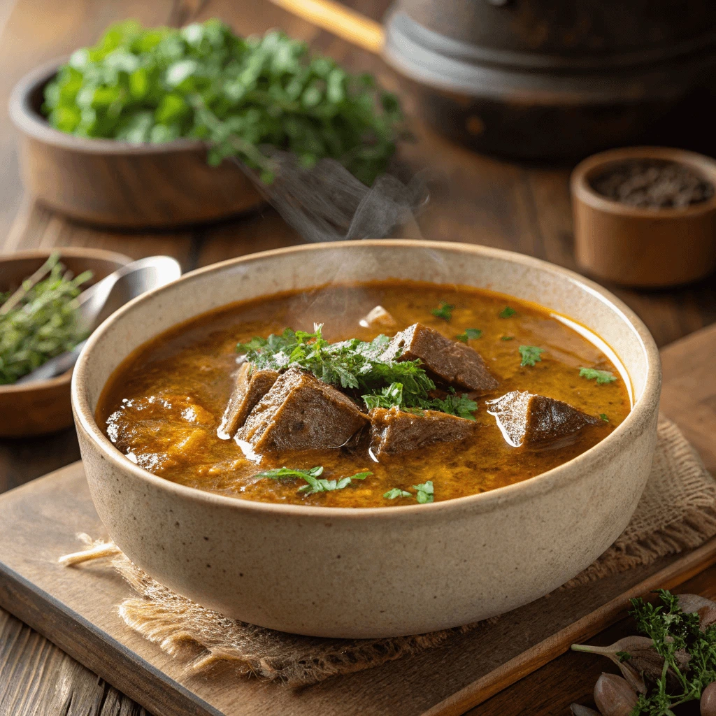 Delicious beef and bone broth soup with fresh herbs.