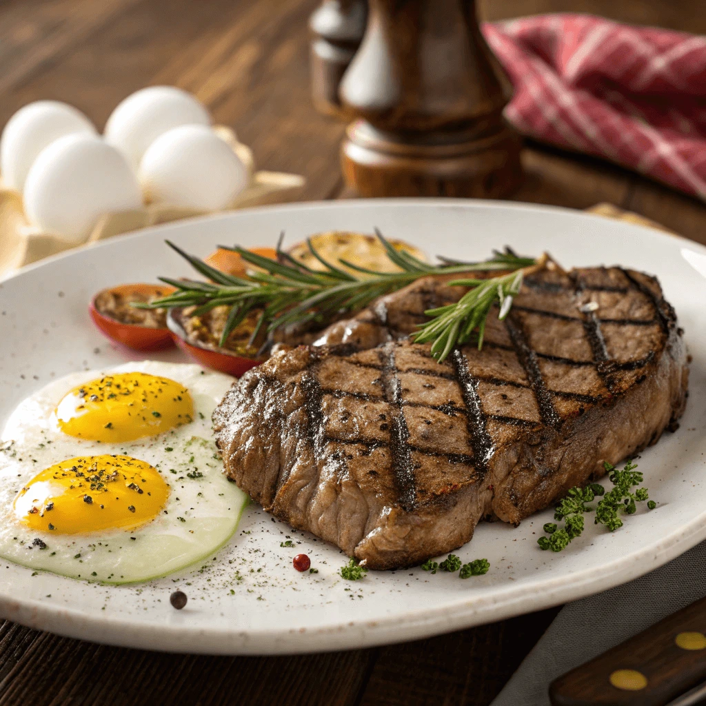 Ribeye steak with eggs cooked to perfection.