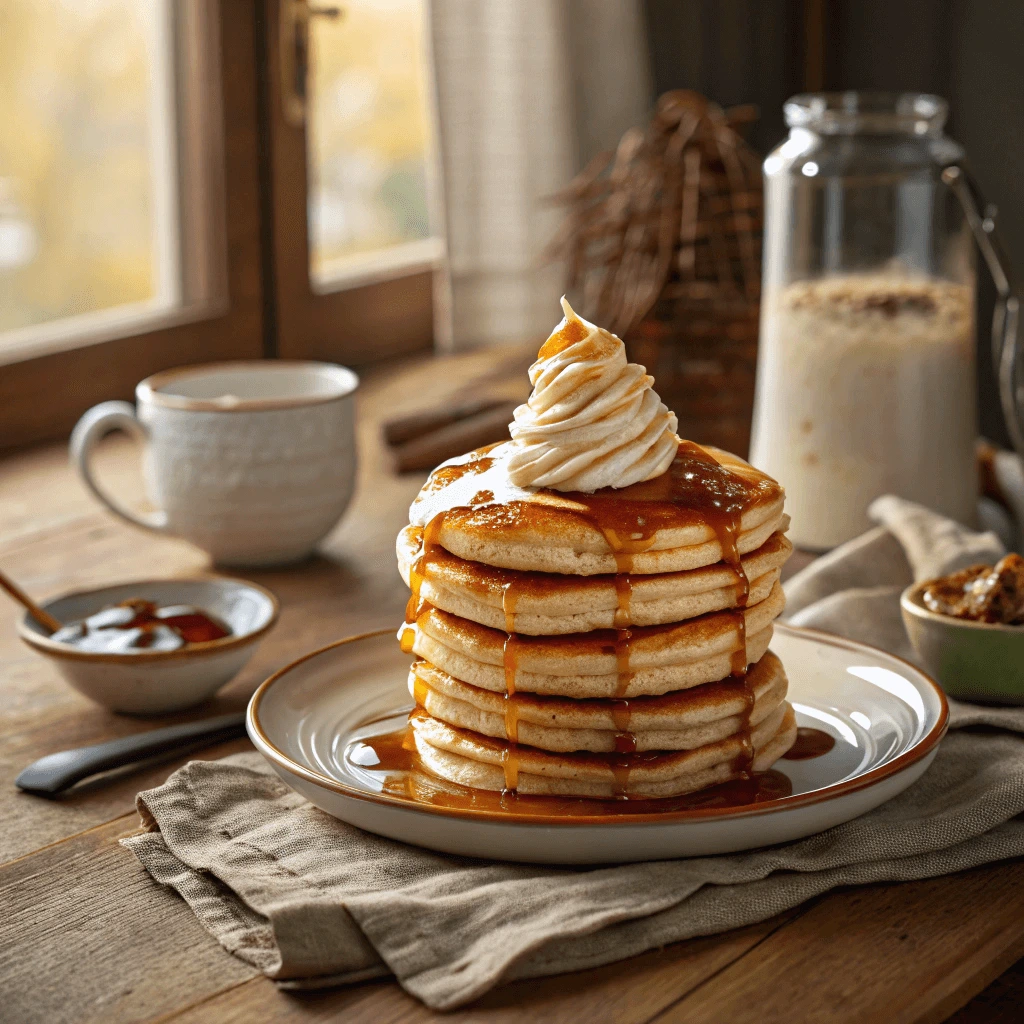 Fluffy CMS pancakes with whipped cream and maple syrup