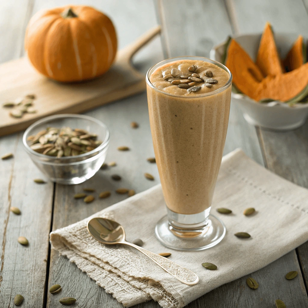 A creamy smoothie in a glass, garnished with raw pumpkin seeds.