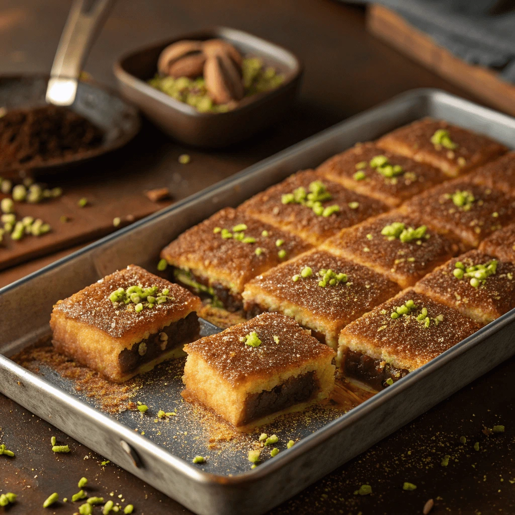 A tray of freshly baked Knafeh chocolate bars ready to serve.