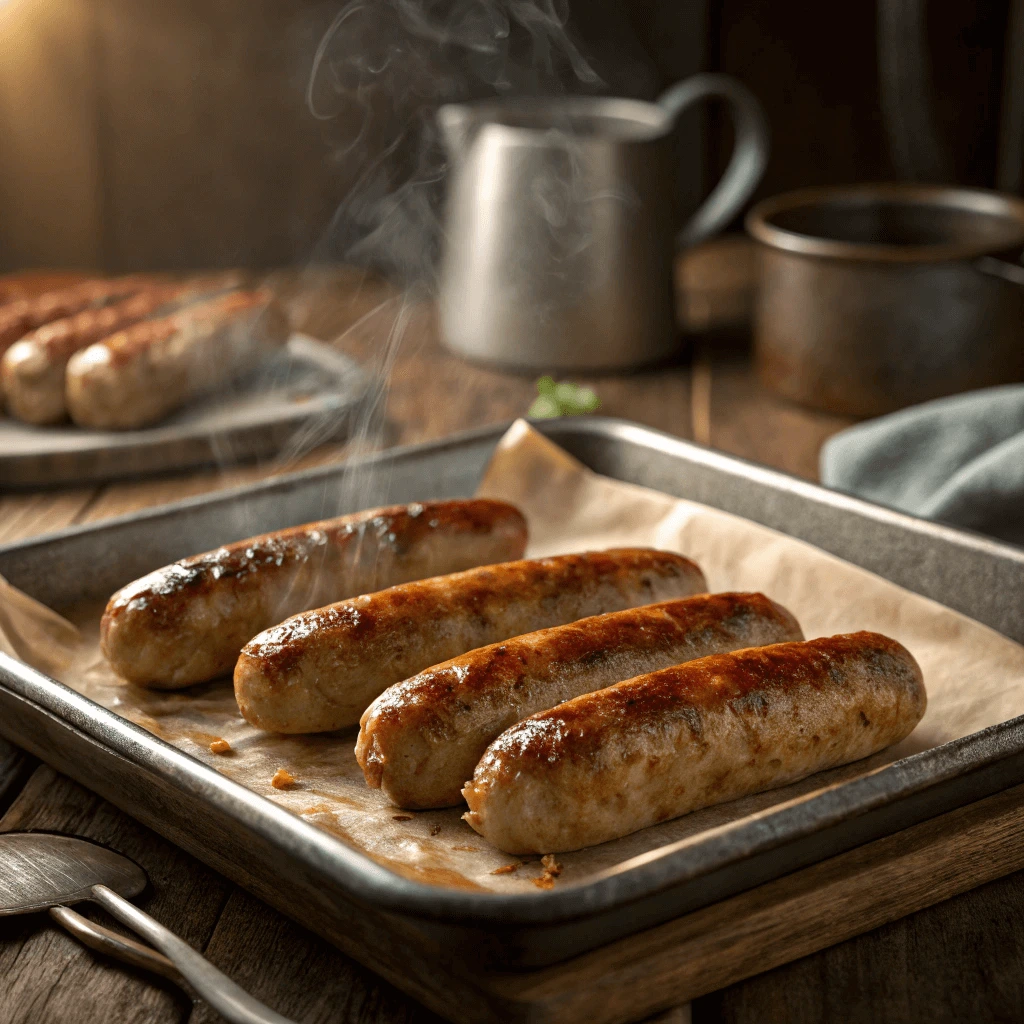 Sausage links baking on a parchment-lined tray inside an oven.