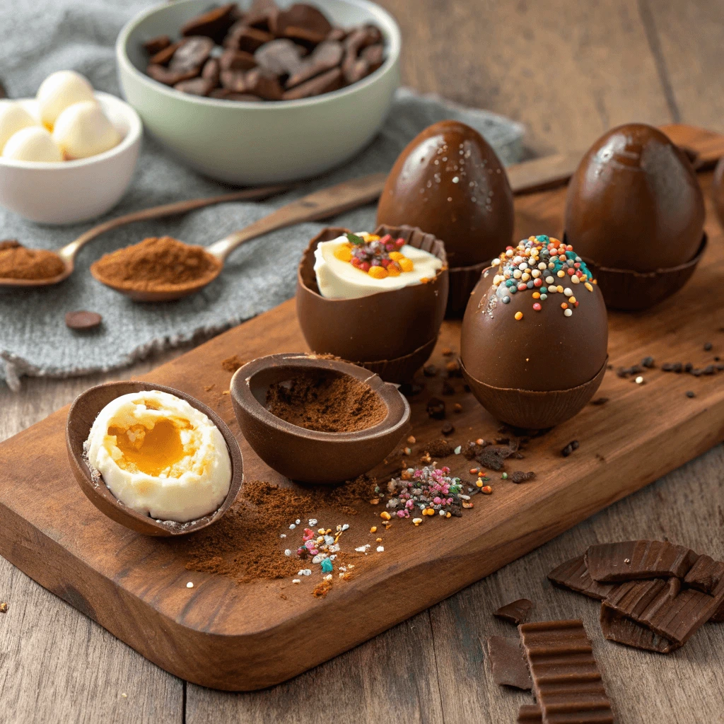  A variety of fillings for chocolate eggs, including caramel and ganache.