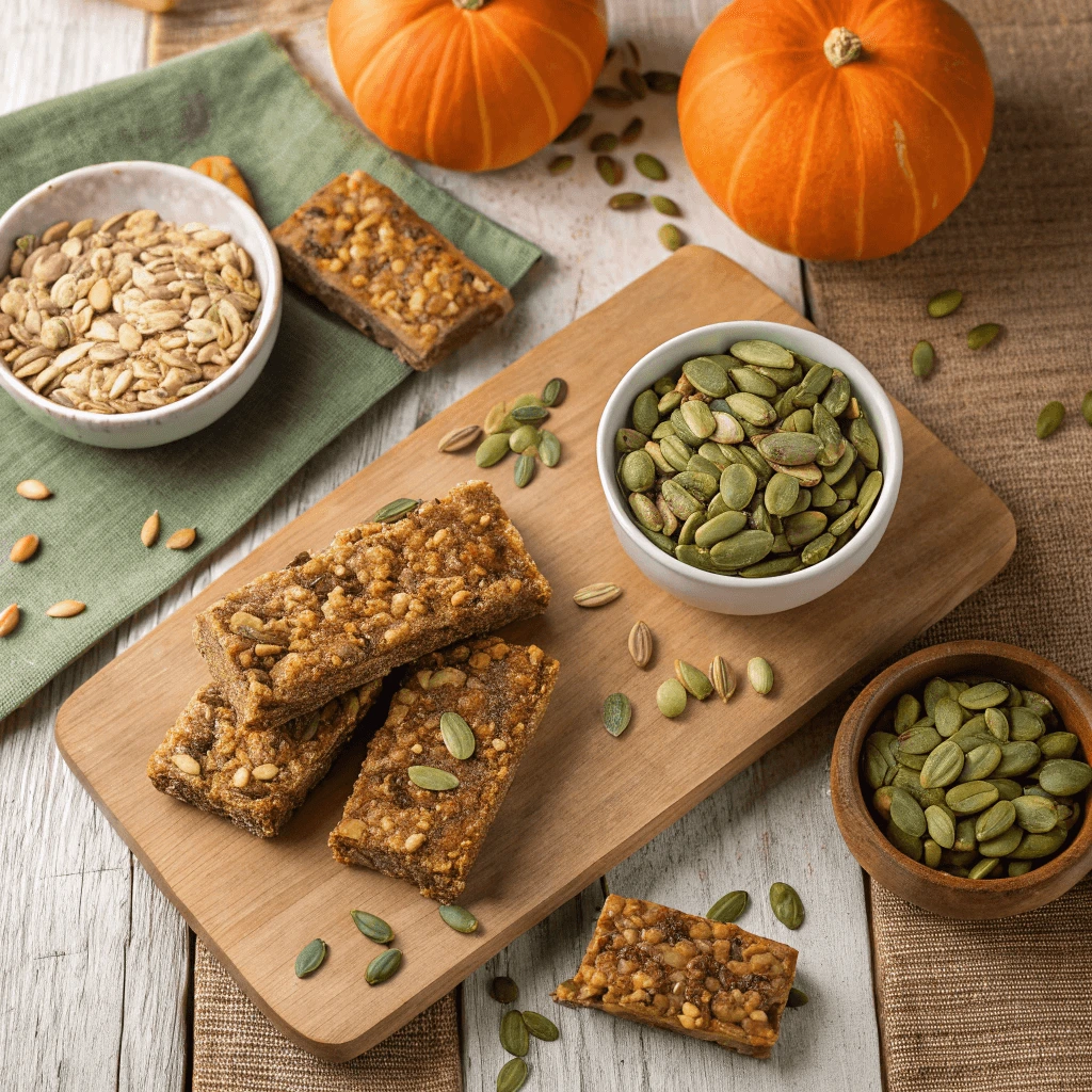 A variety of raw pumpkin seed-based snacks on a wooden table.