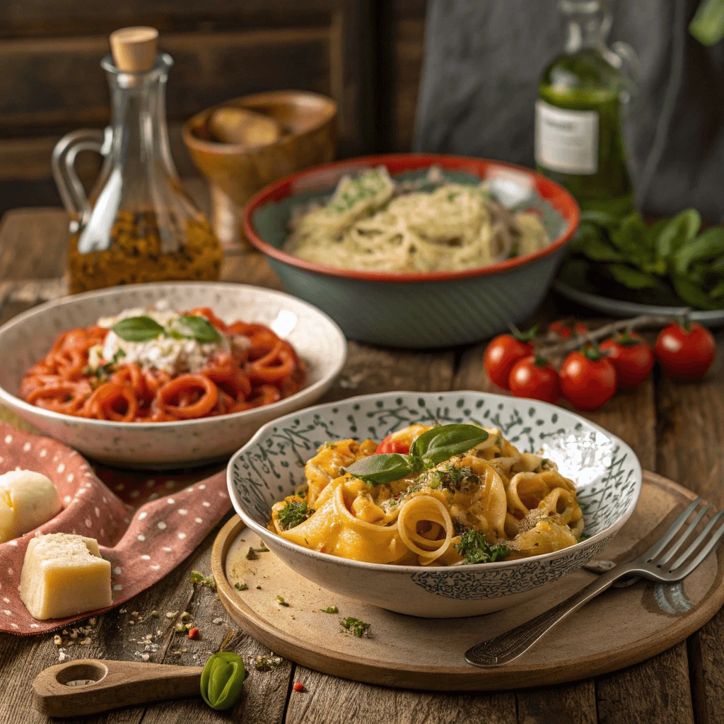 Various wagon wheel pasta dishes on a rustic table.