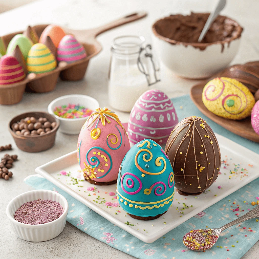 Colorful DIY chocolate eggs decorated for Easter