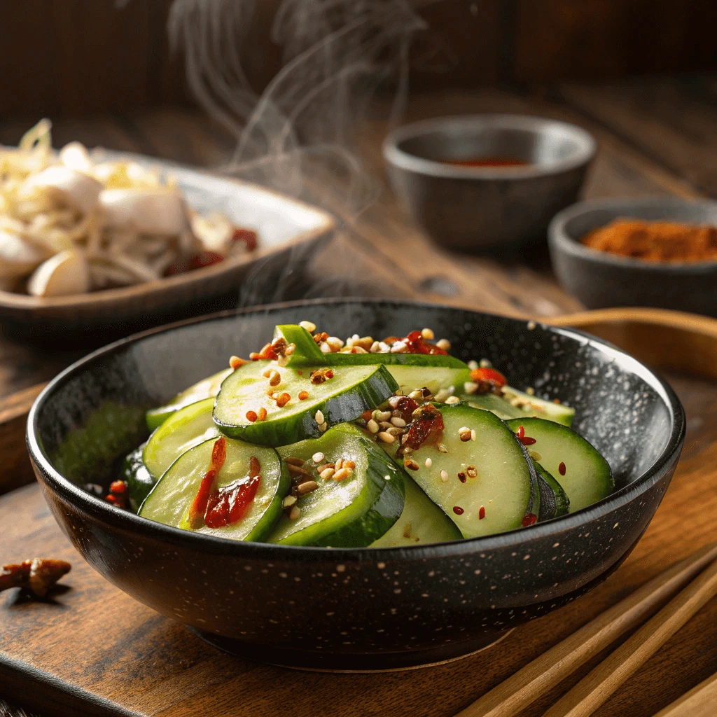 Fresh cucumber salad inspired by Din Tai Fung with garlic, sesame oil, and chili oil