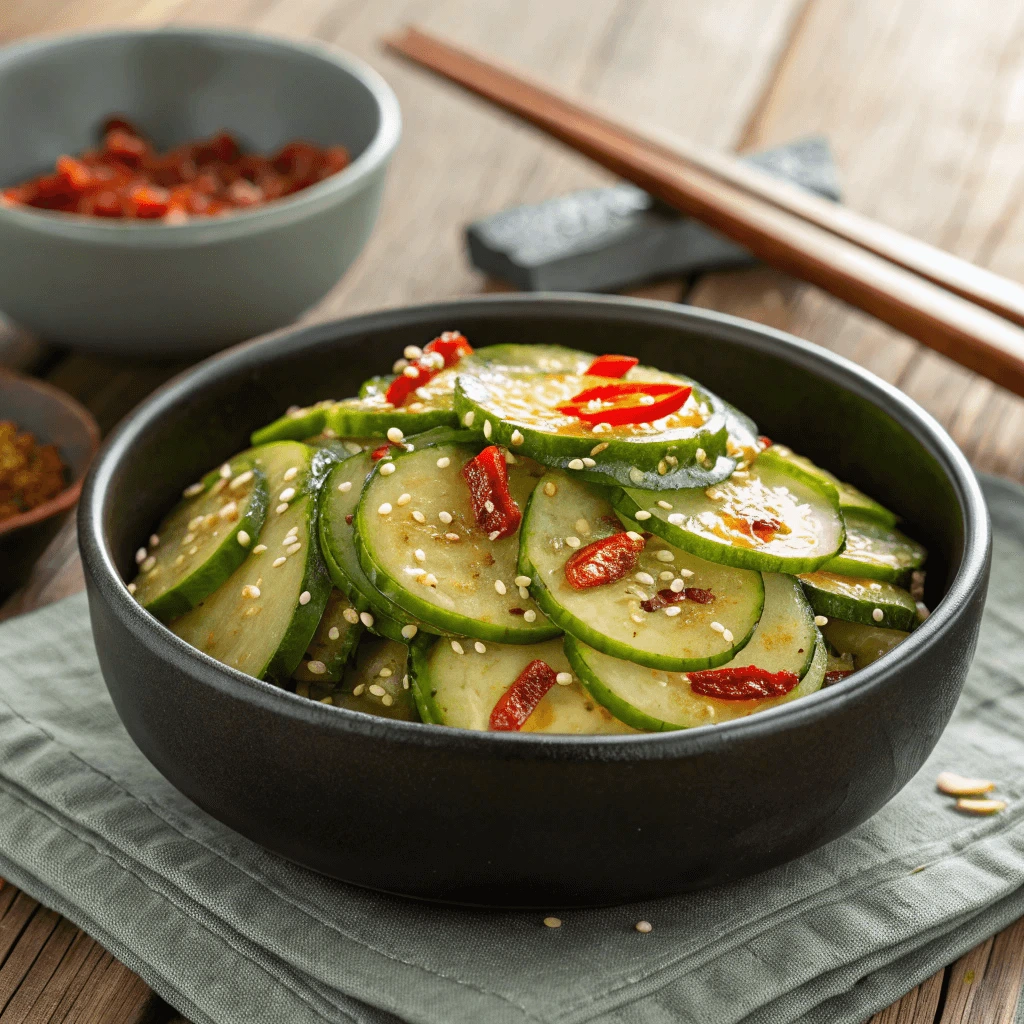 Spicy Din Tai Fung Cucumber Salad with vibrant red chili and fresh cucumber slices.